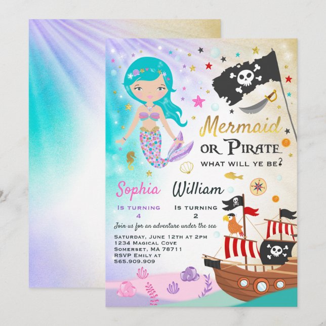 Mermaid Pirate Birthday Invitation Siblings Party Einladung (Vorne/Hinten)