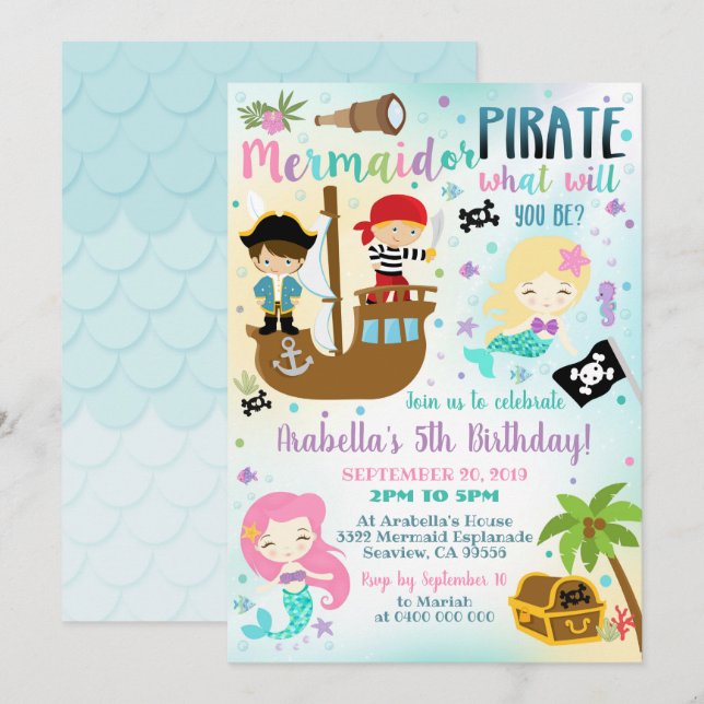 Mermaid Pirate Invitation Boy Girl Einladung (Vorne/Hinten)
