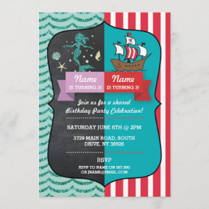 Mermaid & Pirate Joint Boy Girl Birthday Invites Einladung