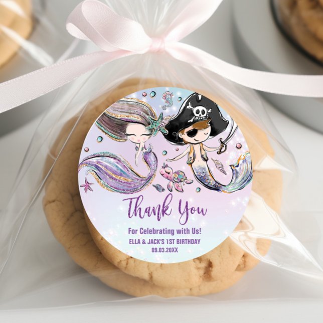 Mermaid Pirate Under Sea Joint Birthday Gefallen Runder Aufkleber (Von Creator hochgeladen)