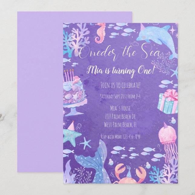 Mermaid près de la mer 1er anniversaire Invitation (Devant / Derrière)