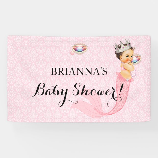 Mermaid Princess Baby Girl Crown Pink Glitzer Banner (Horizontal)