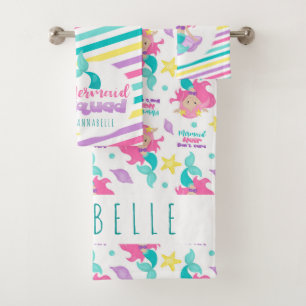 Mermaid Princess Squad Rosa Gelbe Streifen Badhandtuch Set