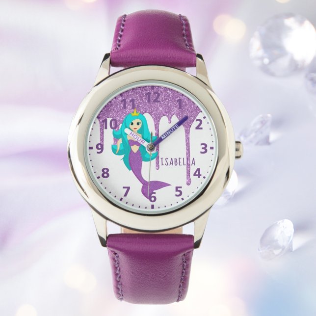 Mermaid Princess White lila Glitzer Tropfen Name Armbanduhr (Von Creator hochgeladen)