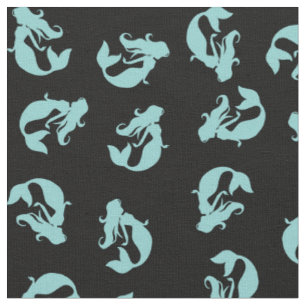 Mermaid Print Fabric Aquamarin Aqua und Black Stoff