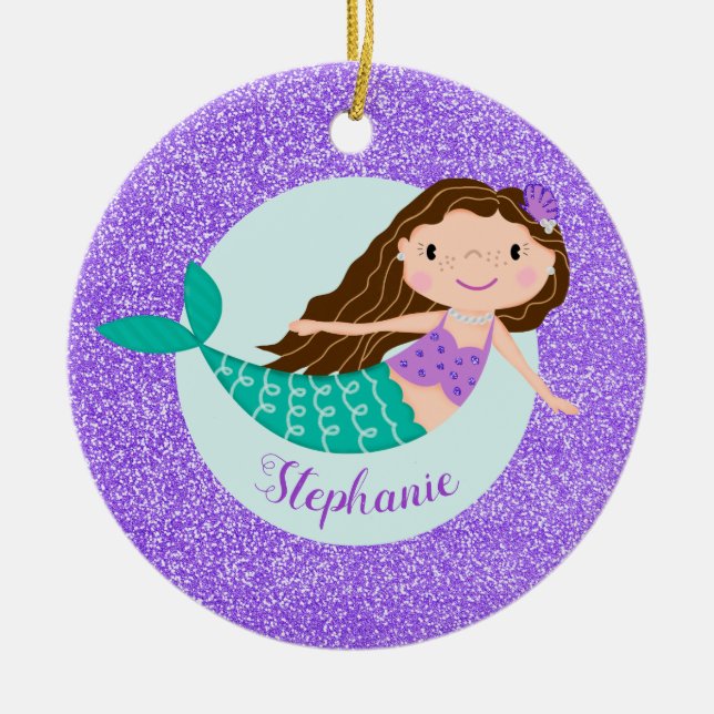Mermaid Purple Glitter Personalized Name Keramik Ornament (Vorne)