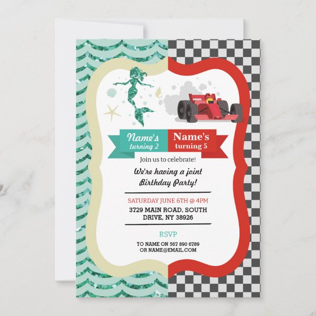 Mermaid & Racing Car Joint Boy Girl Einladung (Vorderseite)