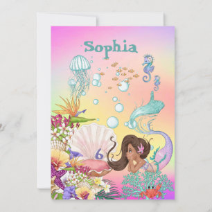 Mermaid Rainbow Dark Hair Under Sea Birthday Einladung