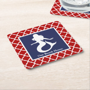 Mermaid Red White Blue Nautical Personenname Rechteckiger Pappuntersetzer
