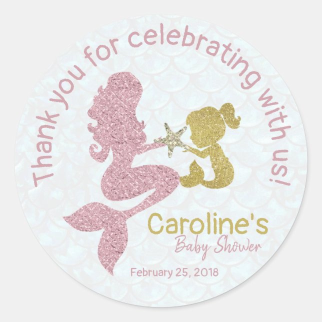 Mermaid Rose Gold Baby Dusche Gefallen Sticker (Vorderseite)