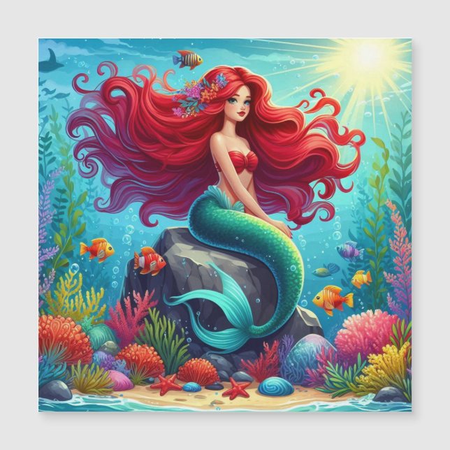 Mermaid Rothaar Magneteinladung (Vorderseite)