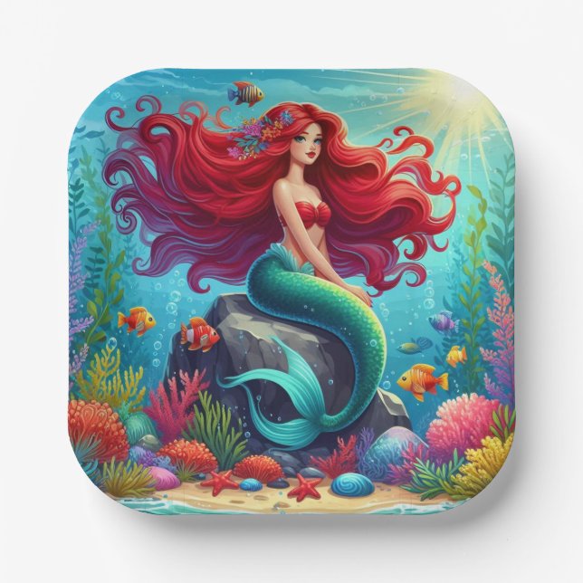 Mermaid Rothaar Pappteller (Vorderseite)