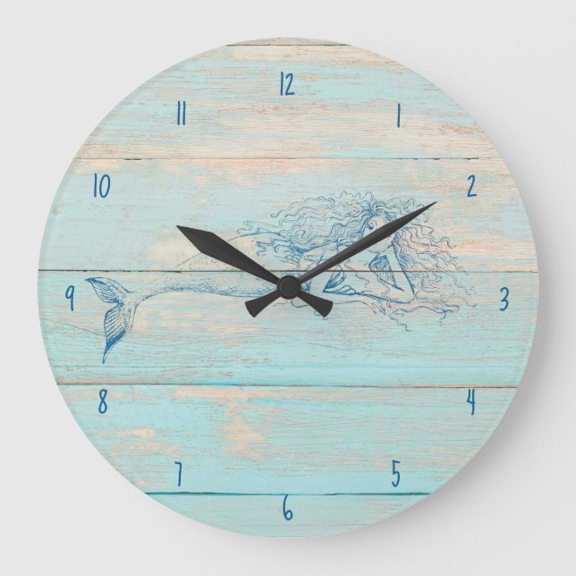 Mermaid Rustic Beach Wood Coastal Große Wanduhr (Vorderseite)