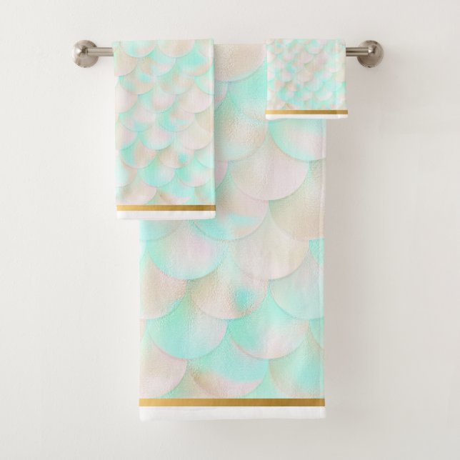MERMAID SCALE AQUA GOLD BADEZIMMER TOWEL SET (Insitu)