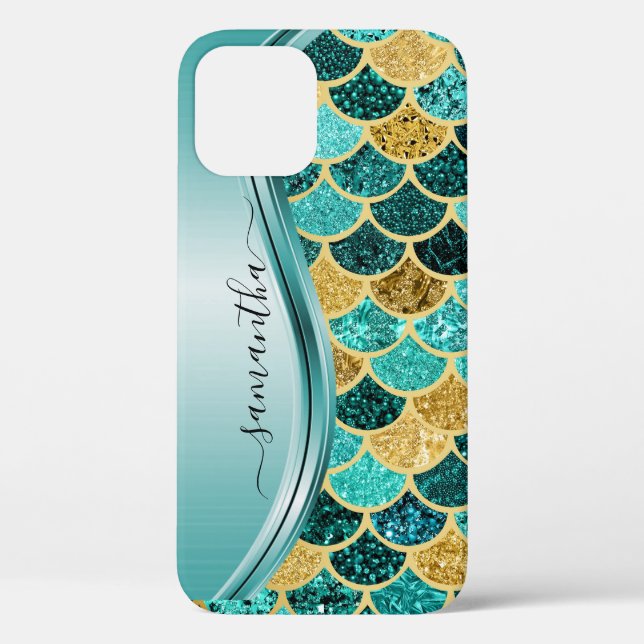 Mermaid Scales Aqua Handgeschriebener Name Gold Case-Mate iPhone Hülle (Rückseite)