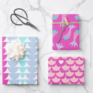Mermaid Scales farbenfrohe Regenbogen rosa Herz Geschenkpapier Set