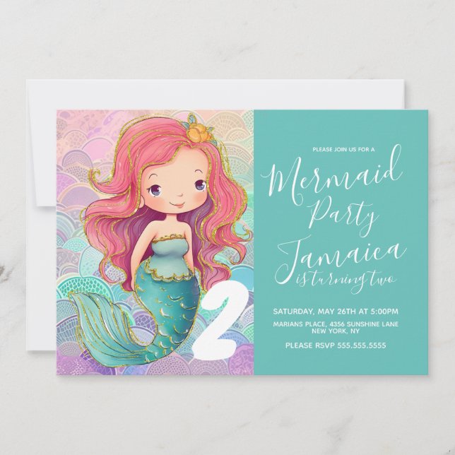 Mermaid Scales Girls Pink Hair Glam Birthday Party Einladung (Vorderseite)