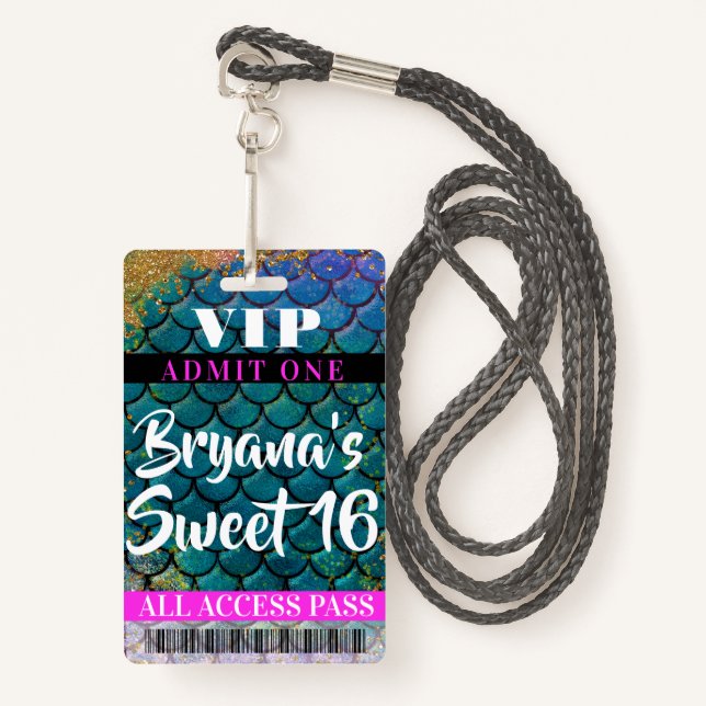 Mermaid Scales Glitzer Party Sweet 16 VIP Pass Ausweis (Vorderseite mit Schlüsselband)