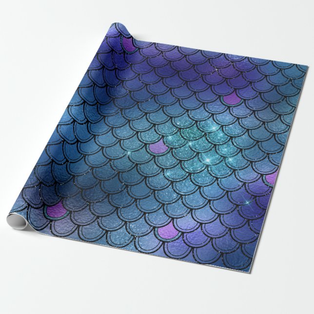 Mermaid Scales Glitzer Pink Black Blue Navy Lila Geschenkpapier (Ungerollt)
