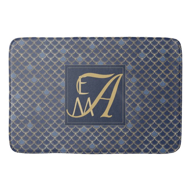 Mermaid Scales Monogram Navy Blue Gold Wohngestalt Badematte (Vorderseite)