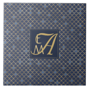Mermaid Scales Monogram Navy Blue Gold Wohngestalt Fliese