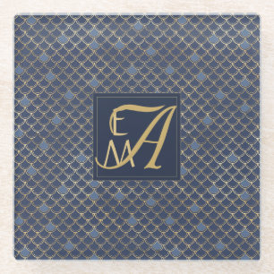 Mermaid Scales Monogram Navy Blue Gold Wohngestalt Glasuntersetzer