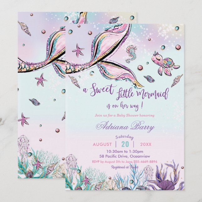 Mermaid Schwanz Baby Shower Under Sea Baby Girl Einladung (Vorne/Hinten)
