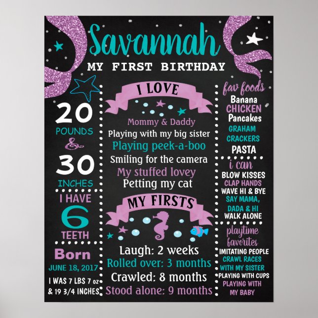 Mermaid Schwanz Birthday Party Chalkboard-Zeichen Poster (Vorne)