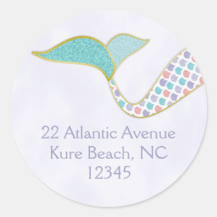 Mermaid Schwanz Glitzer Lila Blue Address Label Runder Aufkleber