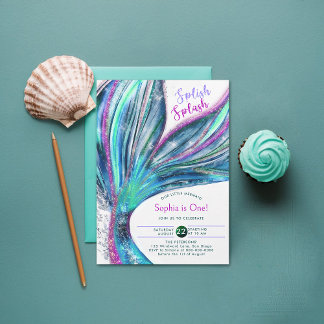 Mermaid Schwanz Holographic Watercolor 1. Geburtst Einladung