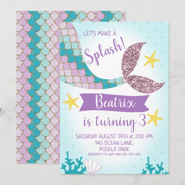Mermaid Schwanz Lila und Aquamarin zum Geburtstag  Einladung (Vorne/Hinten)