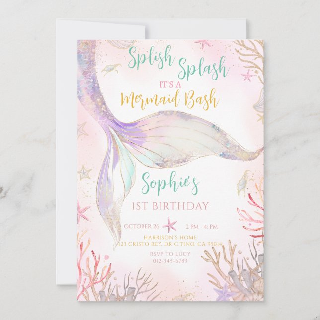 Mermaid Schwanz Splish Splash Pink Lila Geburtstag Einladung (Vorderseite)