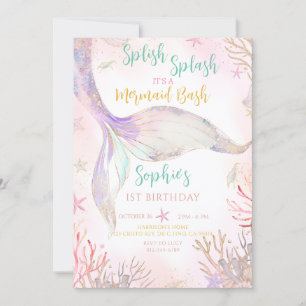 Mermaid Schwanz Splish Splash Pink Lila Geburtstag Einladung
