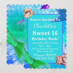 Mermaid Schwänze & Conch Muscheln Sweet 16 Party Einladung