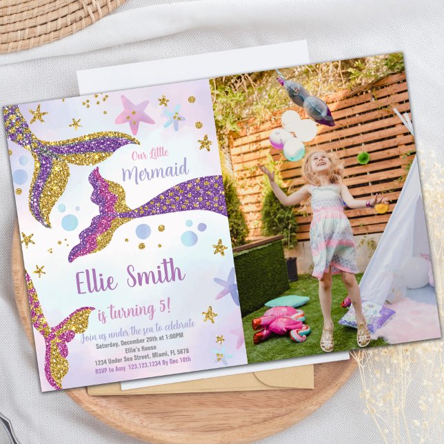 Mermaid Schwanzes Glitzer Geburtstagseinladung Einladung (Mermaid Tails Glitter Birthday Invitations w photo)