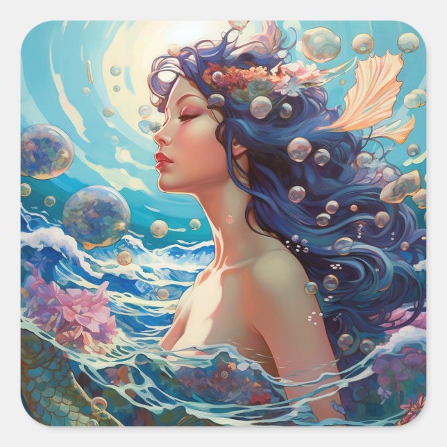 Mermaid Sea Goddess Fantasy Art Quadratischer Aufkleber (Vorderseite)