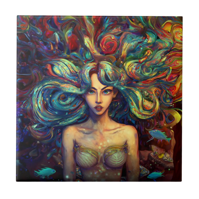 Mermaid Sea Goddess Nymph Siren Unterwasser Art Fliese (Vorderseite)