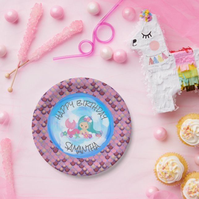 Mermaid Sea Lila Pink Scales Paper Plate Pappteller (Party)