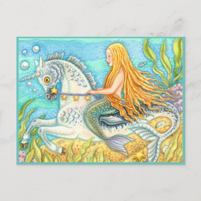MERMAID & SEA STALLION, WHIMSICAL FANTASY UNICORN POSTKARTE (Vorderseite)