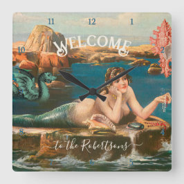 Mermaid Seashore Muscheln Sea Vintag Beach House Quadratische Wanduhr