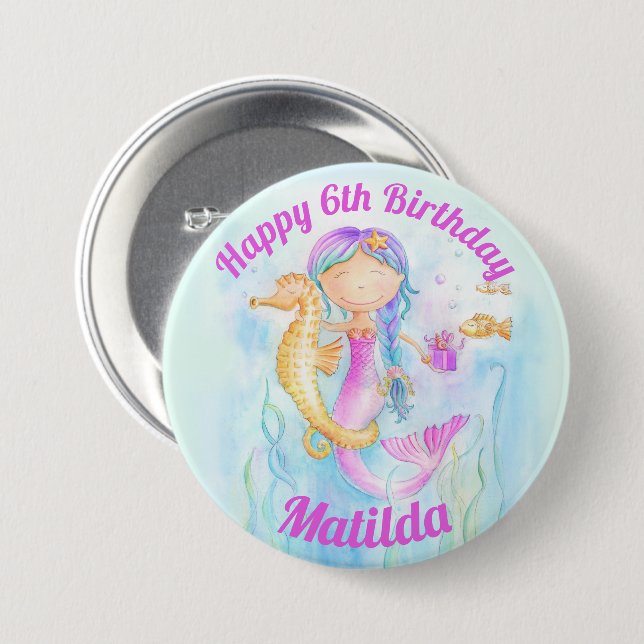 Mermaid Seepferd Aquarell 6. Geburtstag Brauch Button (Vorne & Hinten)