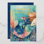 Mermaid Seepferd Santa Sea Schöne Weihnachten Folien Feiertagskarte<br><div class="desc">Schicken Sie Ihre 'Seas & Greetings' im schillernden Stil mit dieser bezaubernden nautischen Thema echter Weihnachtskarte. Mit einem Gemälde unter dem Wasser mit Meerjungfrau,  einem Seepferd in einer Weihnachtsmannmütze und einem tropischen Fisch und Korallen. Kunst von KL Stock</div>