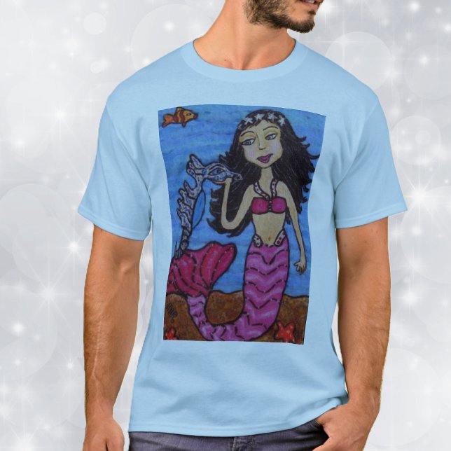 Mermaid & Seepferd Shirt (Mermaid with pink tail with silver seahorse, starfish in ocean on blue tee shirt.)