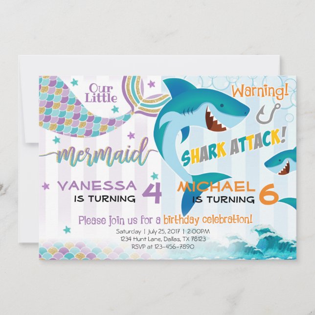 Mermaid Shark Anniversaire Fête Invitation Frères (Devant)