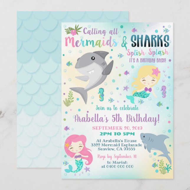 Mermaid Shark Invitation Boy Girl Einladung (Vorne/Hinten)