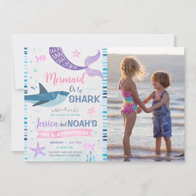 Mermaid & Shark Joint Birthday Foto Einladung (Vorderseite)