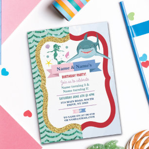 Mermaid & Shark Joint Boy Girl Birthday Einladung