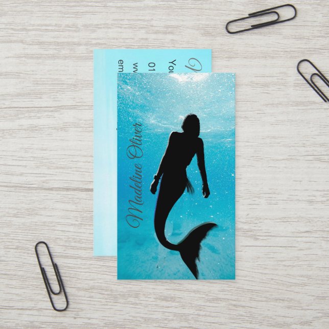 Mermaid Silhouette Blue Ocean QR Beruflich Visitenkarte (Vorderseite/Rückseite Beispiel)
