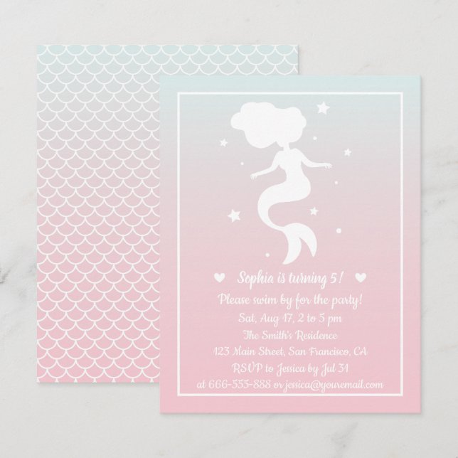 Mermaid Silhouette Girls Ombre Birthday Party Einladung (Vorne/Hinten)