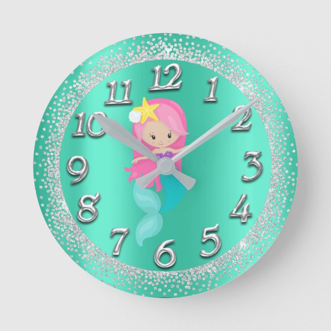 Mermaid Silver Aqua Crystals Confetti Glitter Pink Runde Wanduhr (Vorderseite)